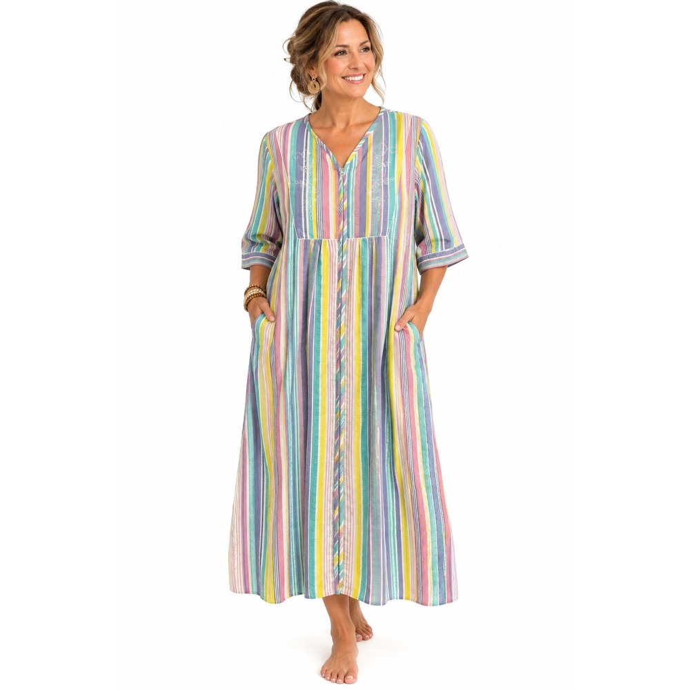Collections Etc L Cotton Seersucker Striped Embroidered Lounger  Dress Robe Gown